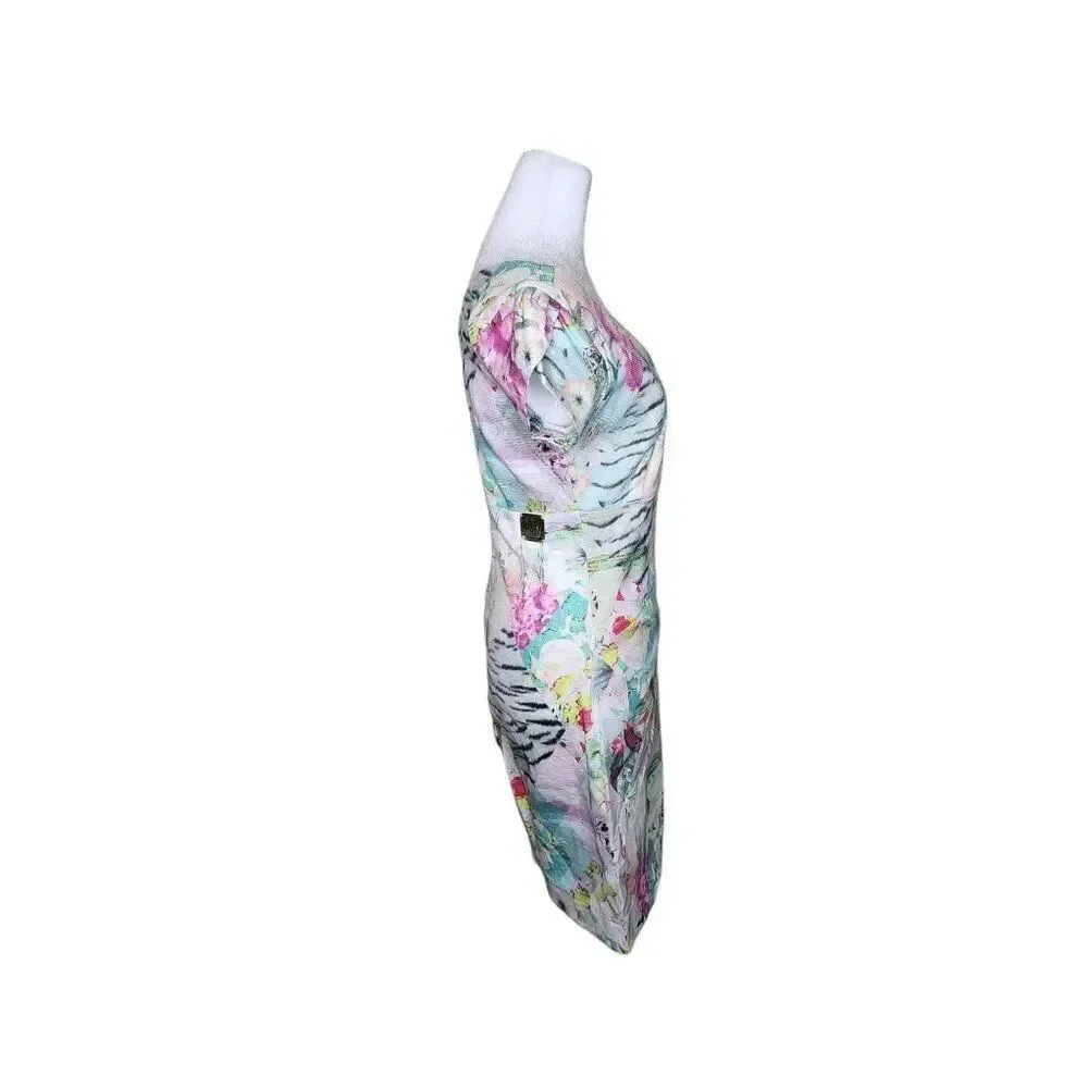 Artsy Floral Cap Sleeve Mini Body Con Dress Womens S Blue